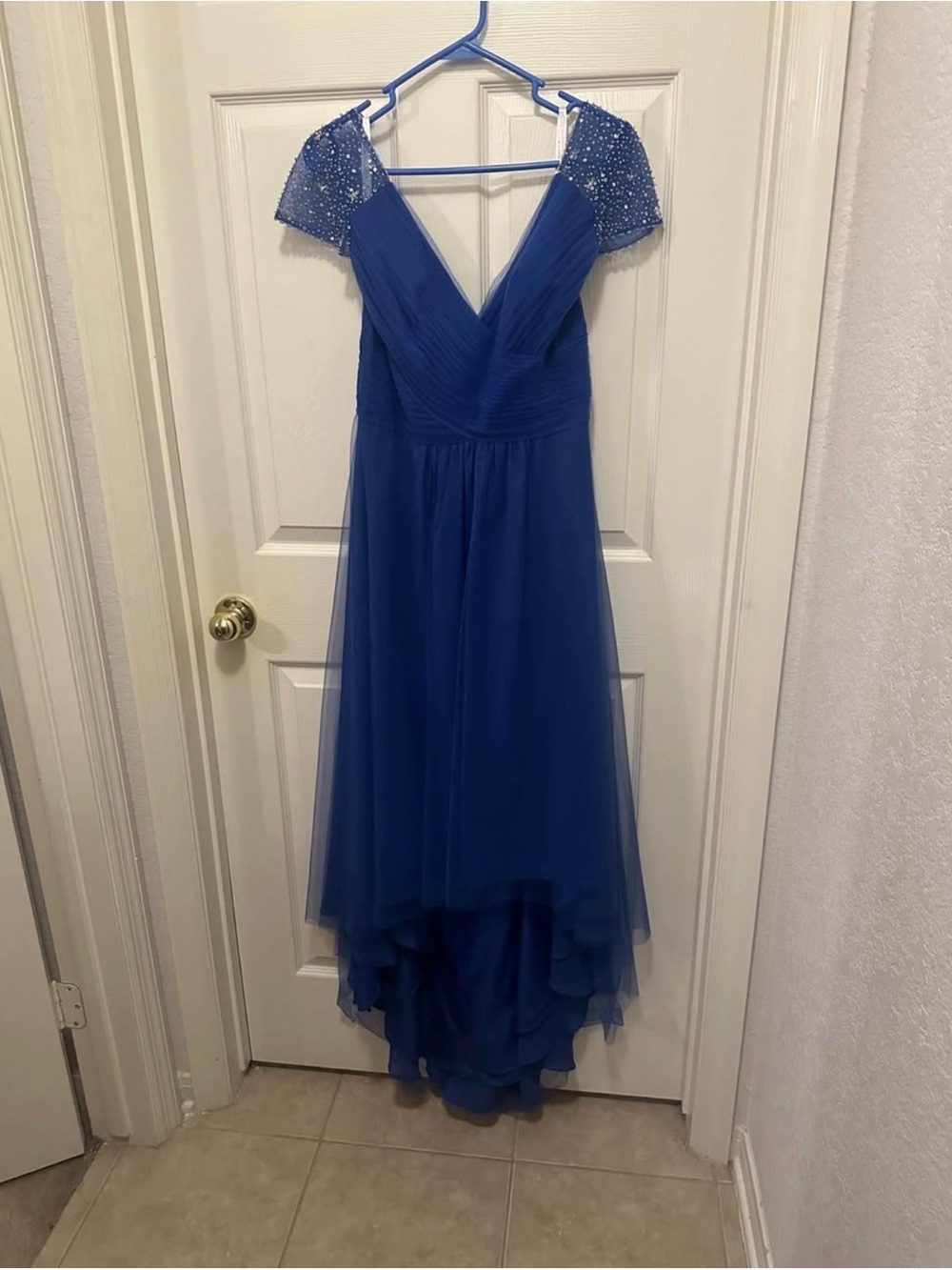 Royal Blue Beaded Cap Sleeve High-Low Dress